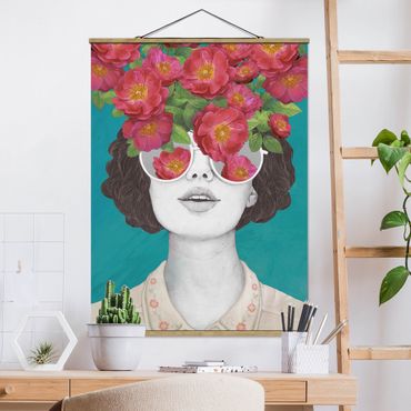 Fabric print with poster hangers - Illustration Portrait Woman Collage With Flowers Glasses