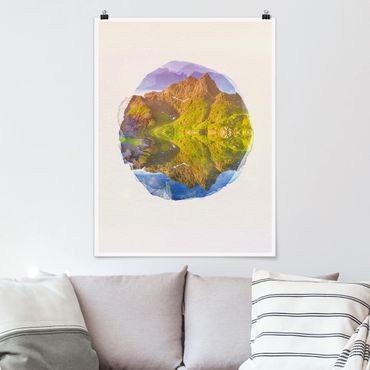 Poster - WaterColours - Mountain Landscape With Water Reflection In Norway
