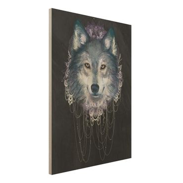 Print on wood - Illustration Wolf Boho Dream Catcher Black
