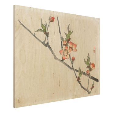 Print on wood - Asian Vintage Drawing Cherry Blossom Branch