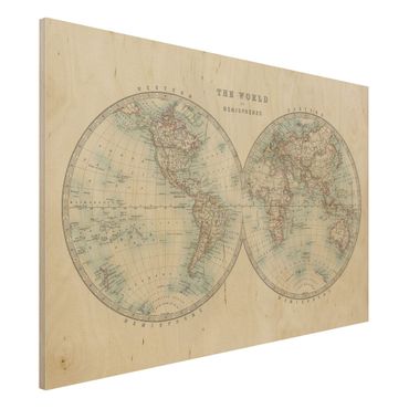 Print on wood - Vintage World Map The Two Hemispheres