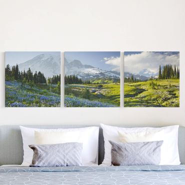 Print on canvas 3 parts - Mountain Meadow With Flowers In Front Of Mt. Rainier