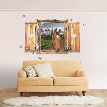 Wall sticker - Window With Heart And Horse Mountains Meadow Path