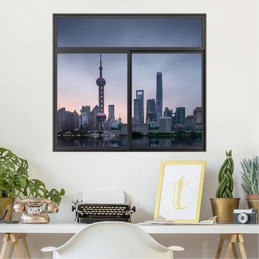 Wall sticker - Window Black Shanghai Skyline Morning Mood