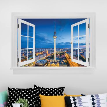 Wall sticker - Open Window Berlin Skyline At Night With Television Tower