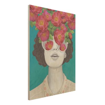Print on wood - Illustration Portrait Woman Collage With Flowers Glasses