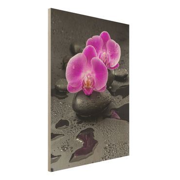 Print on wood - Pink Orchid Flower On Stones With Drops