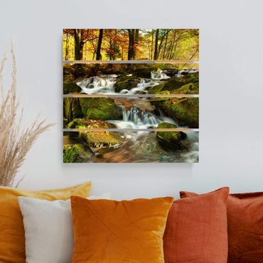 Print on wood - Waterfall Autumnal Forest