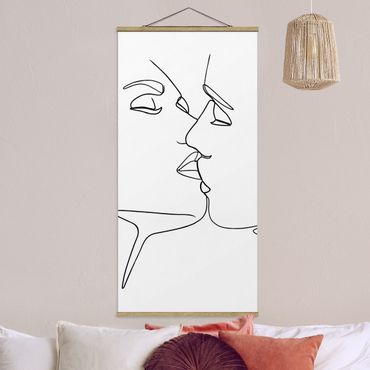 Fabric print with poster hangers - Line Art Kiss Faces Black And White