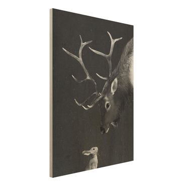 Print on wood - Illustration Deer And Rabbit Black And White Drawing