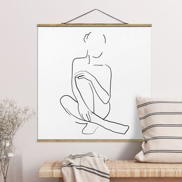 Fabric print with poster hangers - Line Art Woman Sitting Black And White