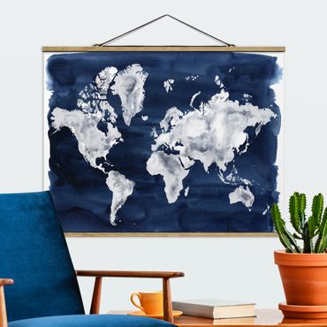 Fabric print with poster hangers - Water World Map Dark