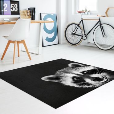 Vinyl Floor Mat - Laura Graves - Illustration Racoon Black and White Painting - Square Format 1:1