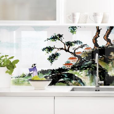 Kitchen wall cladding - Japanese Watercolour Drawing Lake And Mountains