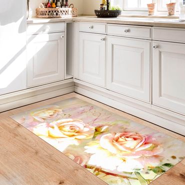 Vinyl Floor Mat - Watercolour Flowers Roses - Landscape Format 2:1