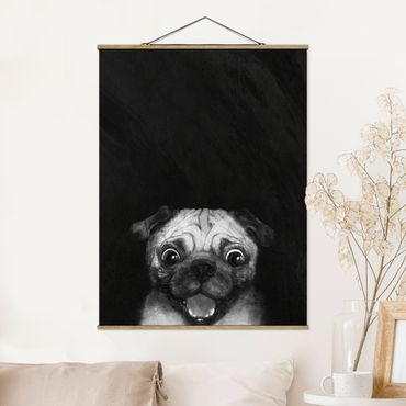 Fabric print with poster hangers - Illustration Dog Pug Painting On Black And White