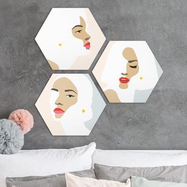 Alu-Dibond hexagon - Line Art Portrait Women Pastel Set