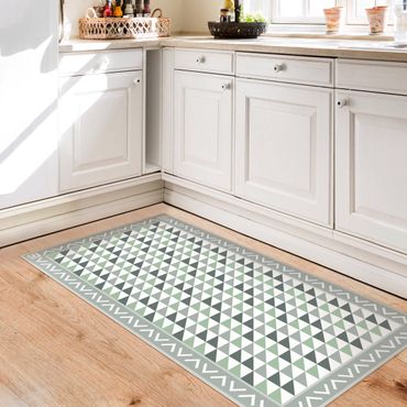 Vinyl Floor Mat - Geometrical Tiles Small Triangles Olive green with Border - Portrait Format 1:2