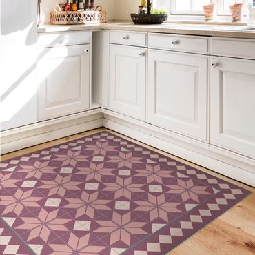 Vinyl Floor Mat - Geometrical Tiles Star Flower Antique Pink With Border - Square Format 1:1