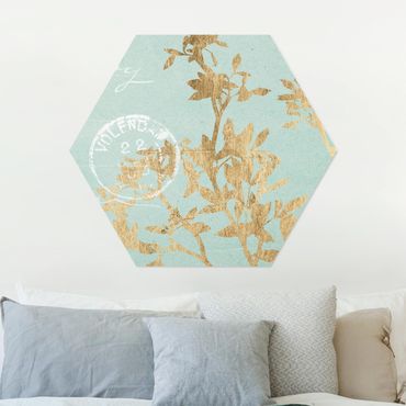 Alu-Dibond hexagon - Golden Leaves On Turquoise II