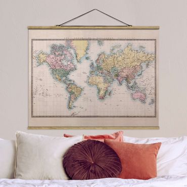 Fabric print with poster hangers - Vintage World Map Around 1850