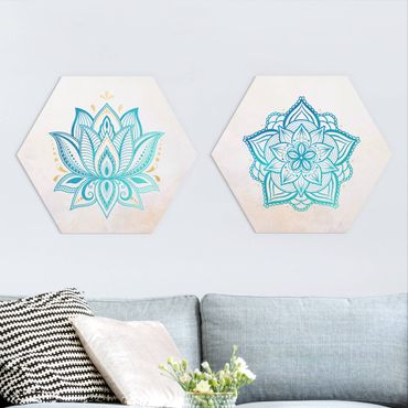 Alu-Dibond hexagon - Mandala Lotus Set Gold Blue