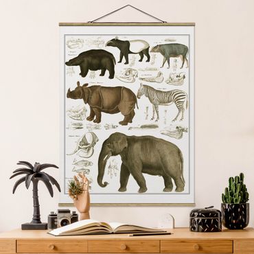 Fabric print with poster hangers - Vintage Board Elephant, Zebra And Rhino