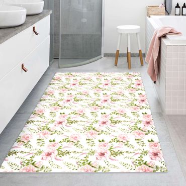 Vinyl Floor Mat - Green Leaves With Pink Flowers In Watercolour - Landscape Format 3:2