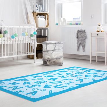 Vinyl Floor Mat - Alphabet With Hearts And Dots In Blue With Frame - Portrait Format 1:2