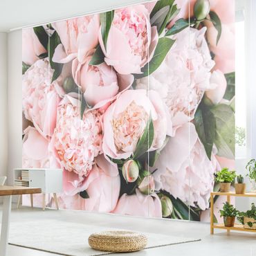 Sliding panel curtains set - Pink Peonies With Leaves