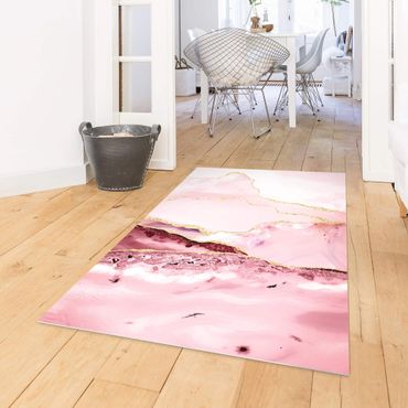 Vinyl Floor Mat - Abstract Mountains Pink With Golden Lines - Portrait Format 3:4