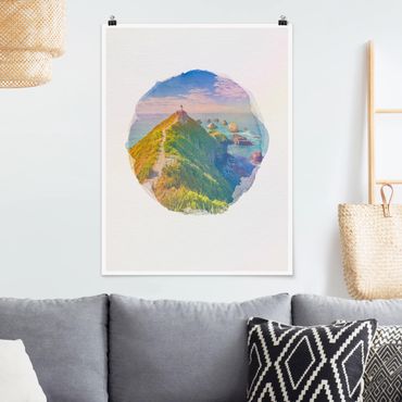 Poster - WaterColours - Nugget Point Lighthouse And Sea New Zealand