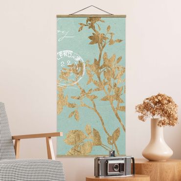Fabric print with poster hangers - Golden Leaves On Turquoise II
