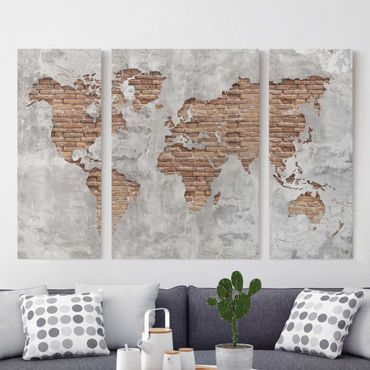 Print on canvas 3 parts - Shabby Concrete Brick World Map