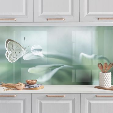 Kitchen wall cladding - Butterfly And Dew Drops In Pastel Green