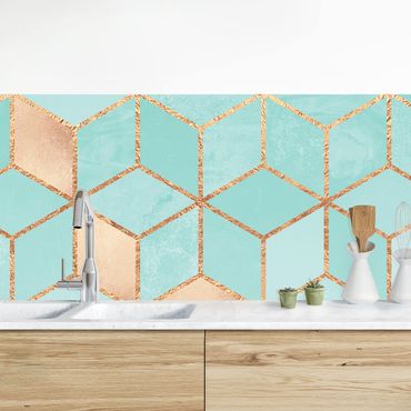 Kitchen wall cladding - Turquoise White Golden Geometry