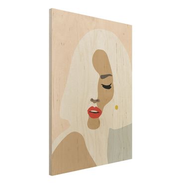 Print on wood - Line Art Portrait Woman Pastel Beige