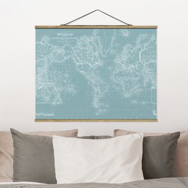 Fabric print with poster hangers - World Map In Ice Blue
