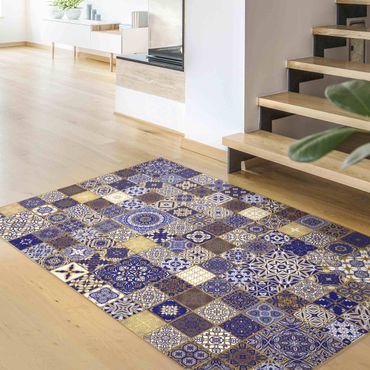 Vinyl Floor Mat - Oriental Tiles Blue With Golden Shimmer - Landscape Format 3:2