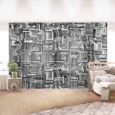 Sliding panel curtains set - Shabby Wall Of Books In Black And White
