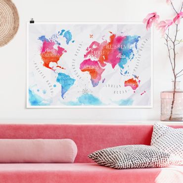 Poster - World Map Watercolour Red Blue