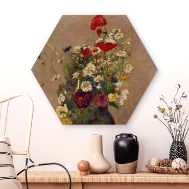 Wooden hexagon - Odilon Redon - Flower Vase with Poppies