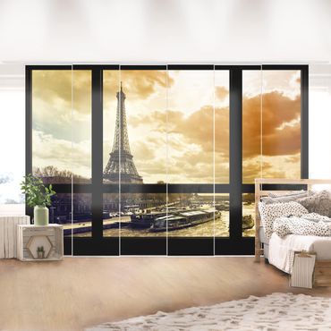 Sliding panel curtains set - Window view - Paris Eiffel Tower sunset