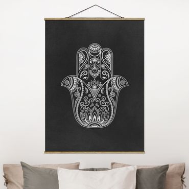 Fabric print with poster hangers - Mandala Hamsa Hand Lotus Set On Black