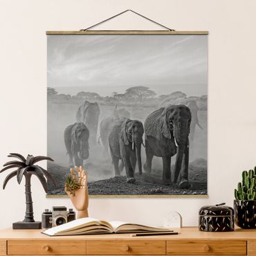 Fabric print with poster hangers - Herd Of Elephants