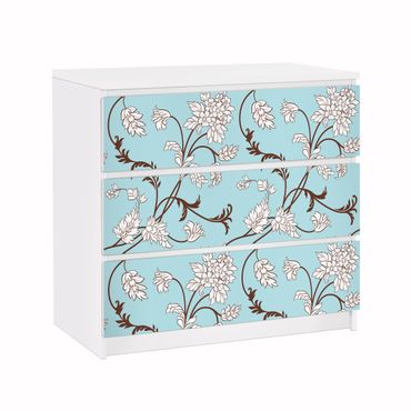Adhesive film for furniture IKEA - Malm chest of 3x drawers - Light-blue Floral Design