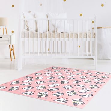 Vinyl Floor Mat - Cute Panda With Paw Prints And Hearts Pastel Pink - Square Format 1:1