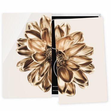 Glass stove top cover - Dahlia Flower Gold Metallic
