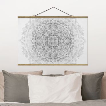 Fabric print with poster hangers - Mandala Watercolour Ornament Pattern Black White