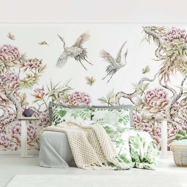 Wallpaper - Watercolour Storks In Flight With Roses